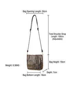 Handmade woven crossbody bag in black and gold with size dimensions and adjustable strap