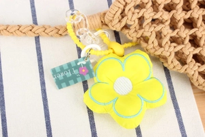 Detailed close-up of yellow flower charm and acrylic chain on woven cotton bag