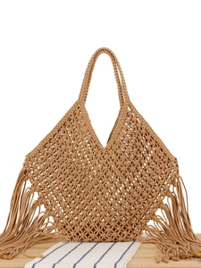 Handmade Woven Shoulder Bag Cotton Rope Hollow Mesh Long Tassel Bohemian Beach Holiday Casual Tote For Women
