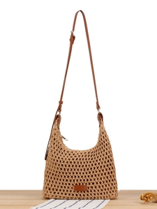 Women Cotton Rope Woven Crossbody Bag Hollow Crochet Summer Beach Vacation Shoulder Bag With Adjustable PU Strap