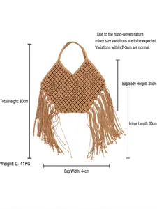 Handmade woven mesh tassel tote bag in light brown cotton for beach vacation and daily use