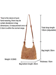 Handmade woven crossbody bag for women with adjustable leather strap and dimensions