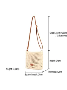 Size chart for beige woven shoulder bag with dimensions 28x24x12cm and adjustable strap