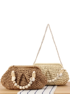 Borsa Nuvola in Carta Intrecciata da Donna Con Perle in Resina Marmorizzata Tracolla in Catena di Metallo Borsa Mare Spiaggia