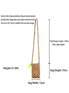 Handmade woven cotton rope crossbody phone bag with floral charm and dimensions shown
