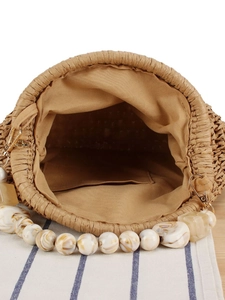 Chic khaki woven bucket bag with marble resin beaded strap for daily casual commuting