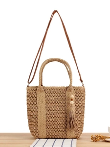 Hand Woven Paper Straw Crossbody Bag With PU Leather Strap Tassel Wood Beads Summer Beach Holiday Tote For Women