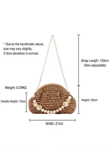 Chic woven straw handbag with beaded handle and golden chain strap for summer commute