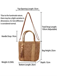 Handwoven woven tote bag with size dimensions and adjustable shoulder strap for women