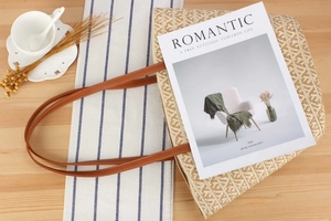Top view of a woven straw tote bag with brown leather handles on a wooden table