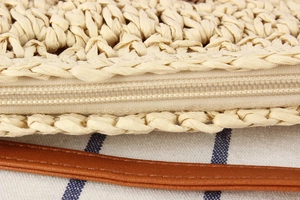 Close-up of woven straw bag showing secure beige zipper closure and brown leather strap