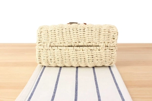 Detailed close-up of the fine straw weave texture and gold metal clasp on a beige bag