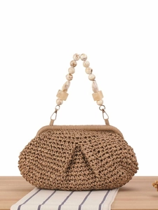 Woven Straw Handbag With Marble Texture Resin Bead Handle Fashion Cloud Clutch Bag For Women Beach Vacation Elegant