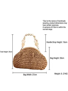 Handwoven woven straw handbag with marble bead handle for summer beach vacation use