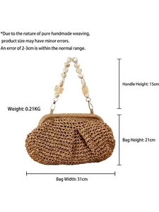 Chic woven straw handbag with beaded handles for seaside vacation and daily commuting
