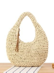 Women Straw Woven Handbag Paper Straw Hobo Half Moon Bag Beach Vacation Summer Solid Color Zipper Leather Tassel