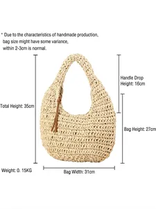 Minimalist handmade woven straw beach bag in cream white with hobo design and size dimensions
