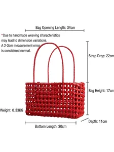 Red woven hollow basket bag with double handles for beach vacation and daily use