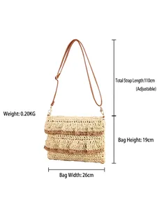 Handwoven straw crossbody bag with striped fringe design and adjustable strap dimensions