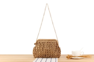 Detail of hand-woven straw bag with metal frame and elegant gold chain strap