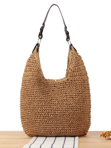 Paper Straw Woven Hobo Bag With PU Leather Twist Shoulder Strap Large Capacity Zipper Casual Beach Vacation Handbag