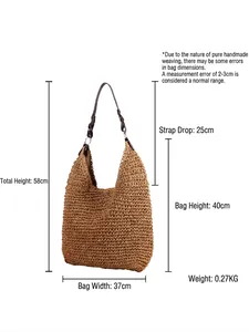 Large hand-woven straw tote bag with brown leather straps and detailed dimensions