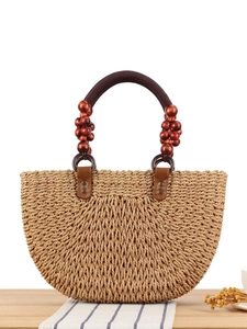Women Handwoven Straw Tote Bag Summer Beach Vacation Wood Beads Handle Zipper Closure Bohemian Travel Large Handbag