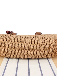 Handwoven straw tote bag with V-shaped texture, red wooden beads and leather straps