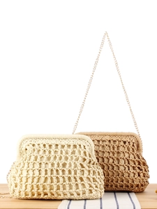 Woven Straw Paper Crossbody Bag Hollow Out Cloud Shape Metal Clip Closure Summer Beach Vacation Handbag With Metal Chain