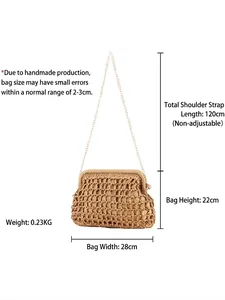 2025 Handwoven beach bag with metal clasp and gold chain, size 28cm x 22cm x 120cm strap
