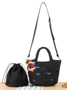 Handmade Woven Bucket Bag Paper Straw Colorful Dot Pattern With Inner Drawstring Pouch Adjustable Shoulder Strap For Women