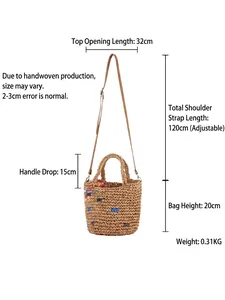 Handmade woven bucket bag with colorful accents and adjustable strap on white background