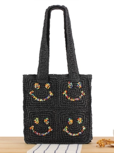Handmade Crochet Woven Tote Bag Paper Straw Colorful Beaded Happy Face Shoulder Bag For Women Beach Vacation Casual