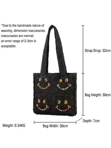 Handwoven black crochet tote bag with colorful beaded smile patterns and size details