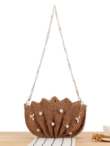 Raffia Straw Handwoven Crossbody Bag With Artificial Pearl Shell Decorations Gold Chain Wave Edge Summer Beach Fashion For Women