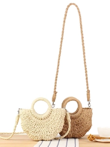 Women Woven Straw Crossbody Bag Paper Rope Petal Shape Round Handle Detachable Strap Summer Vacation Beach Casual Handbag