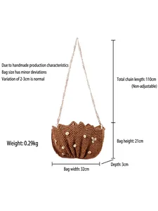 Handmade raffia shoulder bag with shell detail and dimensions shown on white background