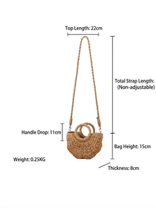 Bohemian semi-circle straw crossbody bag with size measurements and woven texture