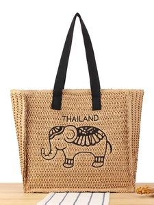 Summer Woven Paper Straw Tote Bag Large Capacity Beach Shoulder Handbag Elephant Embroidery Thailand Style For Women
