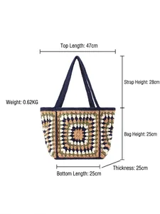 Handmade crochet tote bag with colorful square patterns and large capacity dimensions