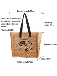 Handwoven straw tote bag with black handles and elephant print for beach or daily use