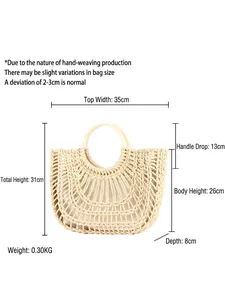 Handwoven beige hobo bag with round handles and detailed size measurements display