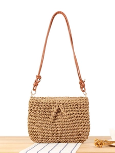 Woven Paper Straw Crossbody Bag With Faux Leather Strap Summer Beach Holiday Casual Handmade Shoulder Bag For Women