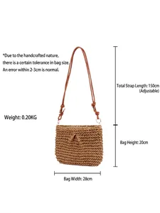 Handwoven straw shoulder bag with size dimensions and adjustable strap for beach vacations