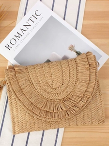 Minimalist straw woven envelope clutch with layered fringes for beach and daily wear