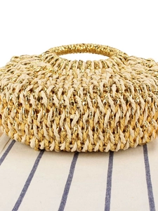 Sac à main en paille tressée avec fil doré et poignée ronde pour les vacances à la plage