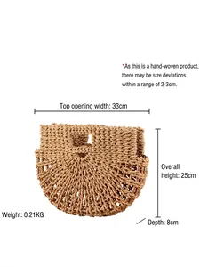 Handmade semi-circular straw woven tote bag with dimensions for beach and casual summer wear