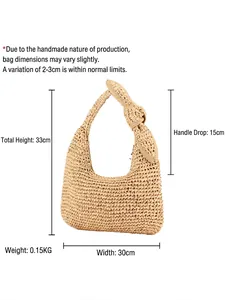 Handmade beige woven straw shoulder bag with decorative bow for beach holidays