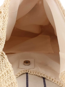 Handwoven cream cotton rope bag with magnetic clasp and fabric lining interior detail