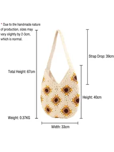 Handmade woven cotton rope tote with sunflower detail and detailed product dimension chart
